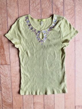 Sigrid Olsen Green Embellished Seashell Type Short Sleeve Top Size Large